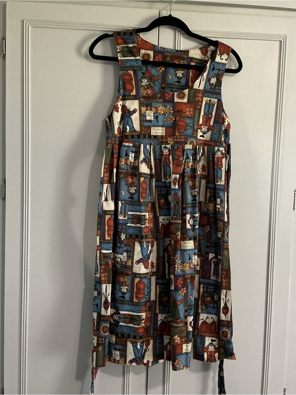 🎃Handmade Autumn Folk Art Scarecrow Jackolantern Harvest Pinafore Dress aprox S - Picture 2 of 8